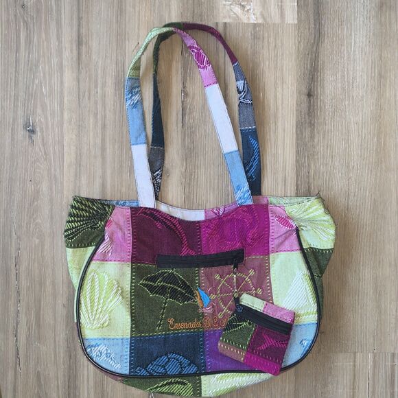 Womens Fabric Tote Bag Multi-Color Squares Zipper Shoulder Purse - Picture 2 of 7